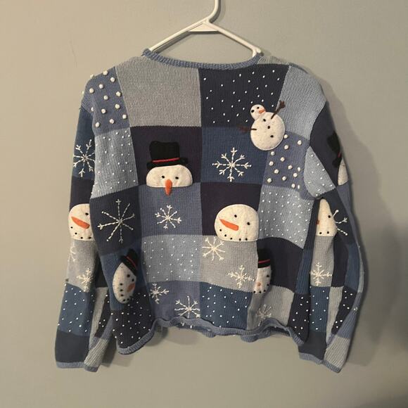 Talbots Full Zip Snowman Winter Cardigan Sweater Womens Size Medium Blue & White - Picture 2 of 8